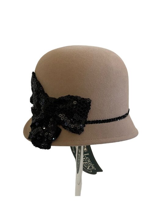 Louise Green Tan Wool Cloche Hat With Black Sequin Bow & Trim Deadstock main image 8